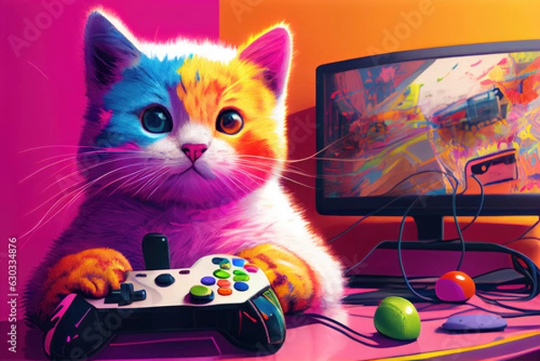 Fototapeta Generative AI cat in his video game room