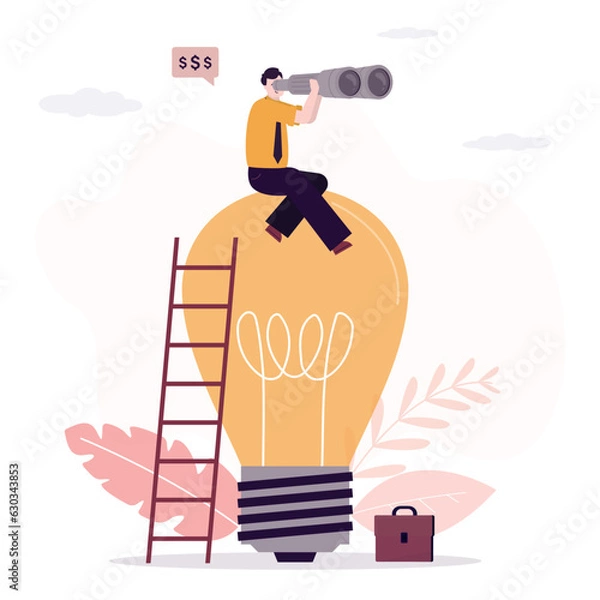 Fototapeta Growing business project needs funding. Visionary man sitting on giant light bulb and looking for investments for startup. Search for finance for development of new innovative project