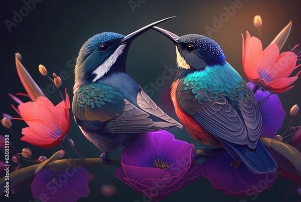 Fototapeta Two beautiful birds above the flowers. generative AI