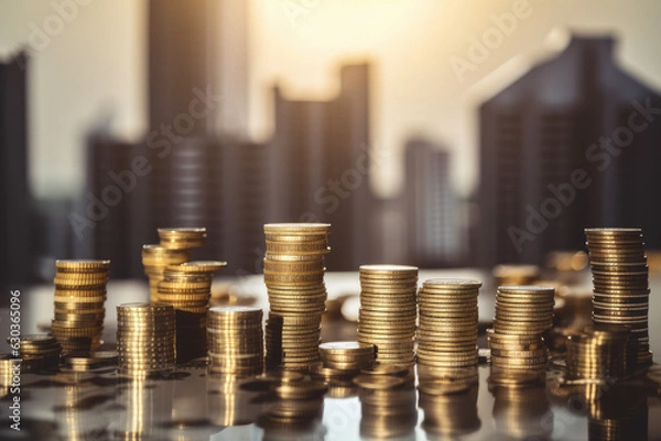 Fototapeta IA Generative Coins piled up with buildings in the background, concept of capitalism