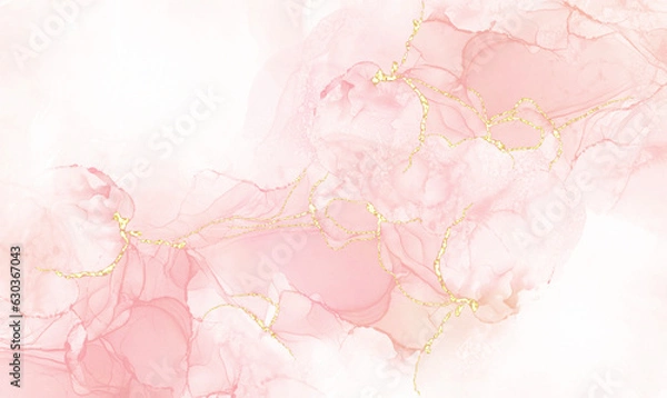 Fototapeta Pink alcohol ink mixed with glitter gold pattern elegant abstract ink flow art with translucent background.