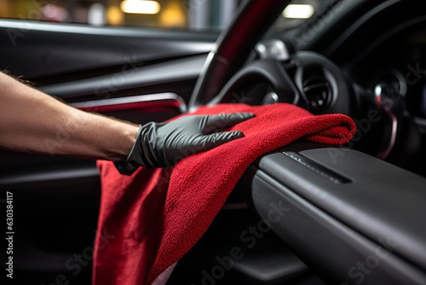 Fototapeta Hand with microfiber cloth cleaning car, detailing and dry cleaning service. AI generative