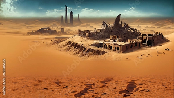 Fototapeta draw of landscape of a dystopian future, with ruins of a buildings of a city destroyed by climate change, pollution and desertification, no more people live, lot of sand. blue sky with some clouds