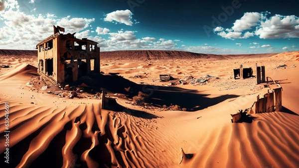 Fototapeta draw of landscape of a dystopian future, with ruins of a buildings of a city destroyed by climate change, pollution and desertification, no more people live, lot of sand. blue sky with some clouds