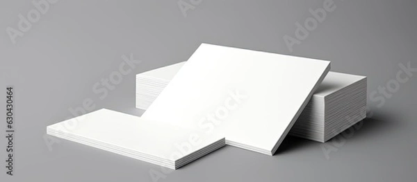 Fototapeta White business cards with writing space on a grey background. is digitally created and depicts business stationery and a business card.