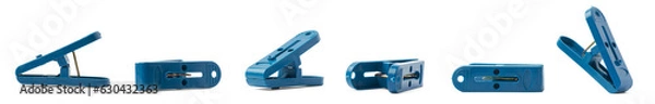 Fototapeta set of blue clips, plastic paper or laundry clips, clothespin or clothes pegs isolated on white background in different angles
