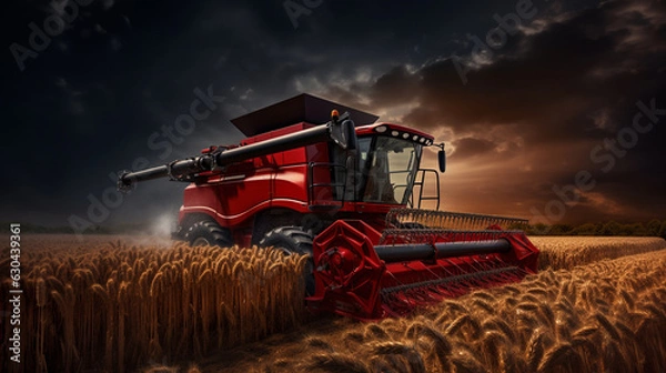 Fototapeta Combine harvester harvests ripe wheat during the night. agriculture, intensive farming,  Created using generative AI tools.