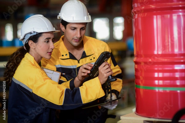 Obraz 2 Latino male and female auditor wearing safety uniform workwear with handheld barcode scanner or integrated rfid handheld reader and tablet computer counts goods in warehouse of factory Manufacture.