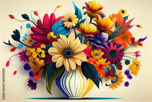 Fototapeta Generative AI illustration of a vase with coloured flowers