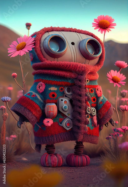 Fototapeta IA Generative Adorable robot creature in a hooded Andean coat surrounded by flowers in a field at sunset.