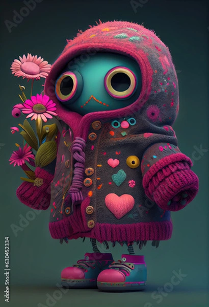 Fototapeta IA Generative Adorable creature in love, robot doll with hooded coat and flowers in hand on a blue background