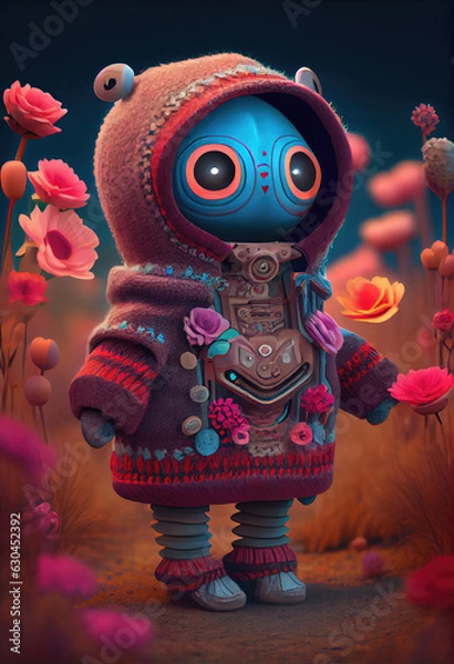 Fototapeta IA Generative robot creature waiting in the field at night for them to come and get it. concept abandonment