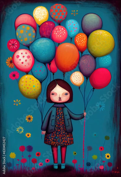 Fototapeta IA Generative illustration of girl holding many balloons on a blue background