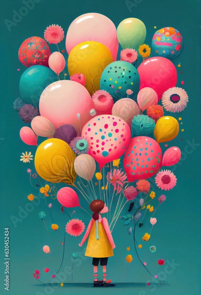 Fototapeta IA Generative illustration of girl holding lots of balloons