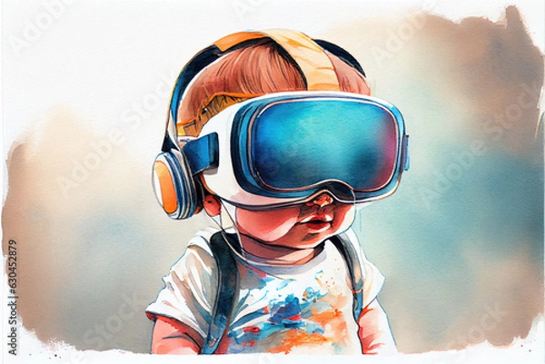 Fototapeta IA Generative illustration of a baby with the virtual reality goggles