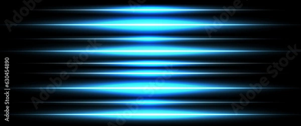 Fototapeta Blue horizontal lens flares pack. Laser beams, horizontal light rays. Beautiful light flares. Glowing streaks on dark background.