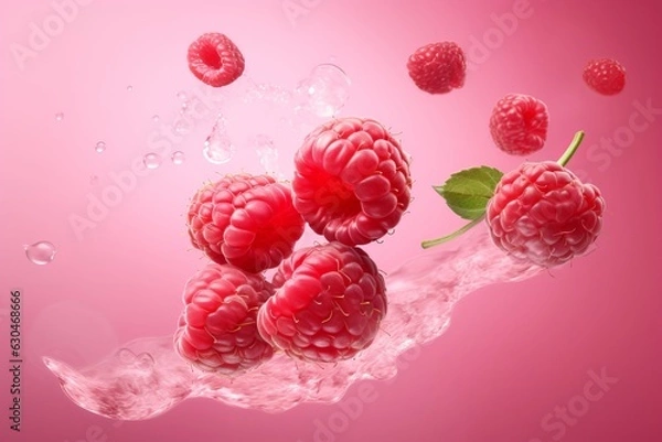 Fototapeta Many fresh raw red raspberries exploding and flying all around the pink background, steam and smoke behind. food levitation. Generative AI technology