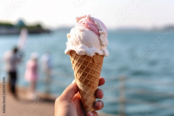 Fototapeta Hand holding pink and white ice cream in cone with beach promenade in background