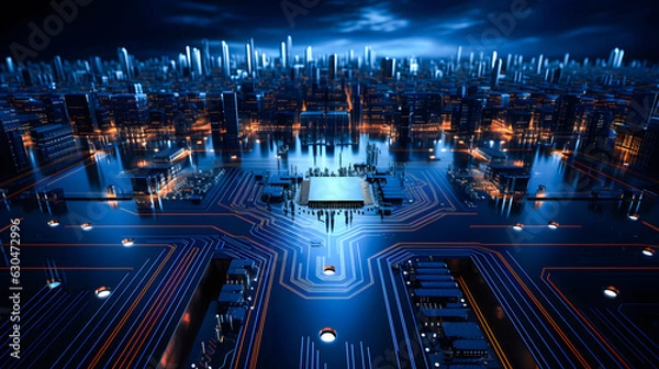 Fototapeta futuristic concept of a digital city with a microchip in the foreground (generative AI)