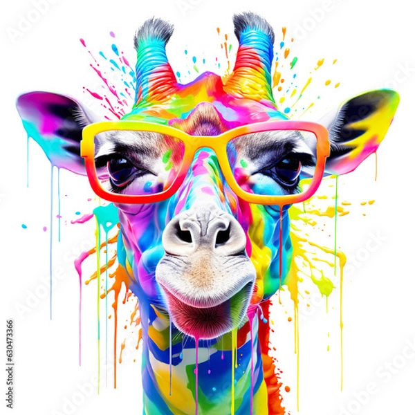 Obraz Cartoon colorful giraffe with sunglasses no background, isolated, png