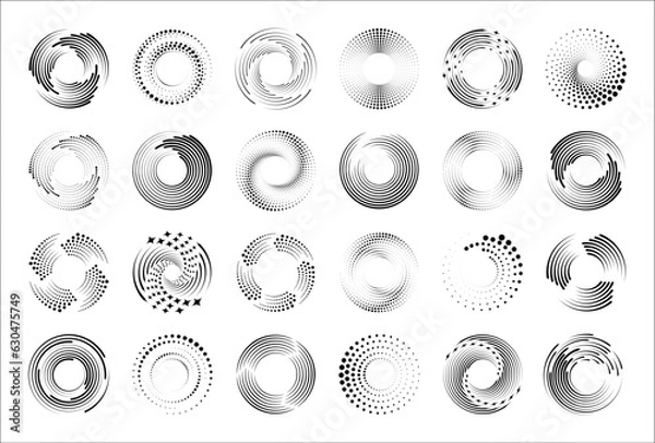 Fototapeta Speed lines in circle form. Set symbols of motion, speed, radiance, flying particles. Radial lines background. Design element for technology round logo, frame, tattoo, web pages, posters. Isolated