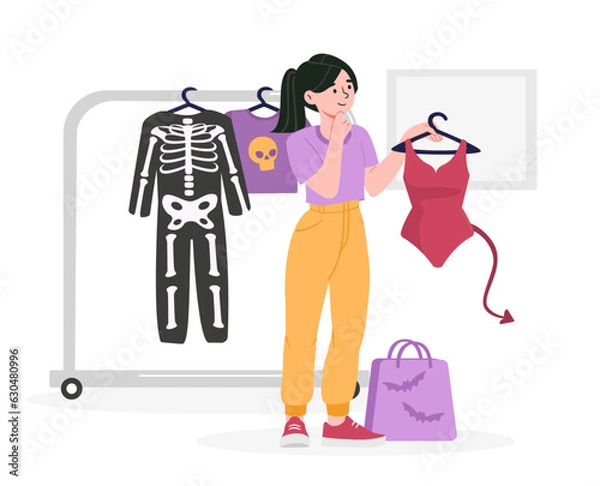 Fototapeta Young girl buy costume concept. Kid with clothes for Halloween. Holiday of fear and horror. Child with red swimsuit with tail. Skeleton or devil image for masquerade. Cartoon flat vector illustration