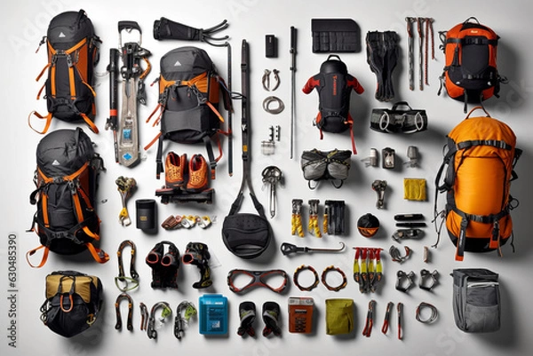 Obraz Collection of trek and climb tools organized on a white background symmetric