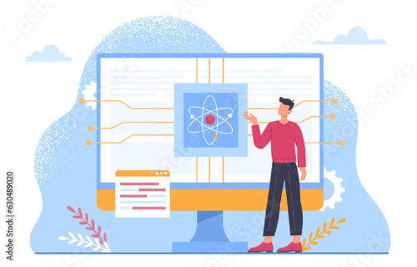 Fototapeta Man with quantum concept. Young guy near computer monitor. Circuit board and CPU. Modern technologies and innovations. Physics and atom structure. Cartoon flat vector illustration