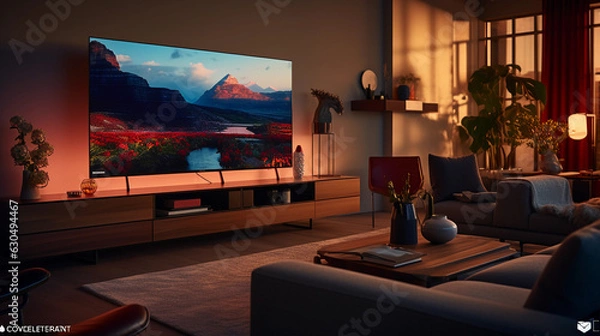 Fototapeta Living room bathed in soft evening light, cozy setting, smart TV with voice command logo on screen, soundbar beneath, IoT devices seamlessly integrated, warm ambient lighting