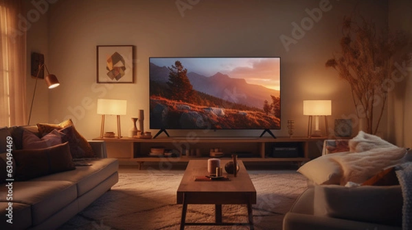 Fototapeta Living room bathed in soft evening light, cozy setting, smart TV with voice command logo on screen, soundbar beneath, IoT devices seamlessly integrated, warm ambient lighting