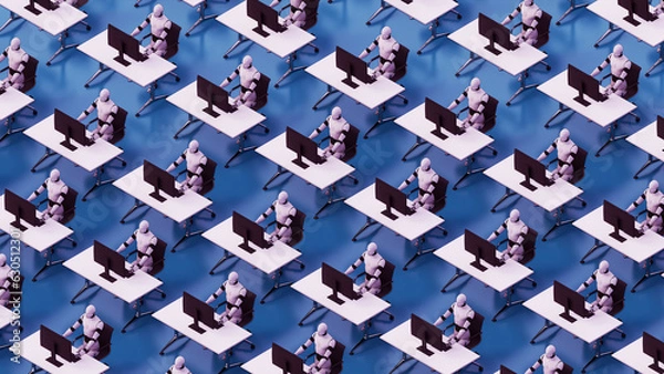 Fototapeta A lot of AI humanoids sitting on a chair and working at office using personal computer. 3D rendering illustration Artificial Intelligence concept idea