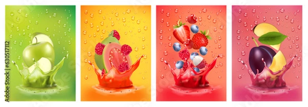 Fototapeta Fresh fruits juice splashing together- pear, apple, plum, apricot, strawberry, blackberry, raspberry juice drink splashing. 3d fresh fruits. Vector illustration