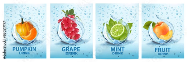 Fototapeta Set of labels with fruit and vegetables drink. Fresh fruits juice splashing together- apricot, grape, mint, limem pumpkin in water drink splashing. Vector illustration.
