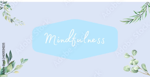 Fototapeta mindfulness lettering on blue pastel background decorated with flowers, soft pastel color, graphic design for website ,spa banner