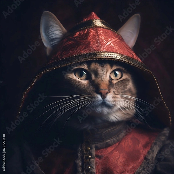 Fototapeta A beautiful gray cat in a red hood and a red, elegant vest.