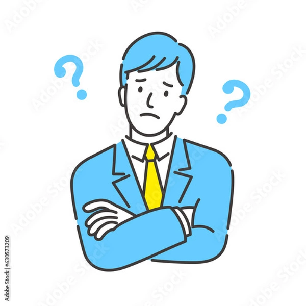 Obraz 腕を組んで考えるポーズをしたスーツ姿の若いビジネスマンのイラスト