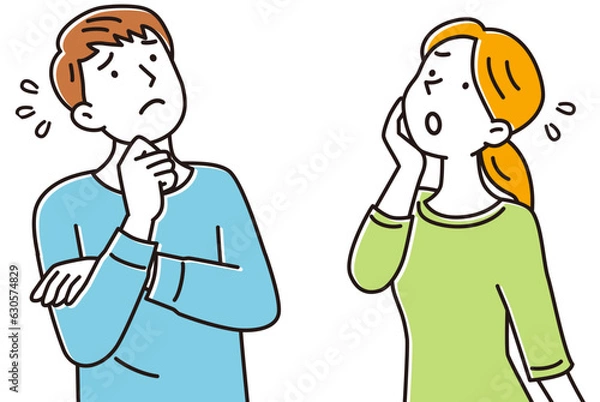 Obraz 手を顎に当てて何かを悩む上を向いた若い男性と若い女性