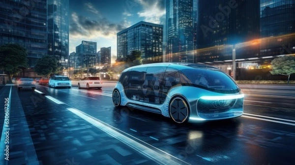 Fototapeta Autonomous Self Driving, Electric Car Driving on the Road Cityscape Background. Generative AI