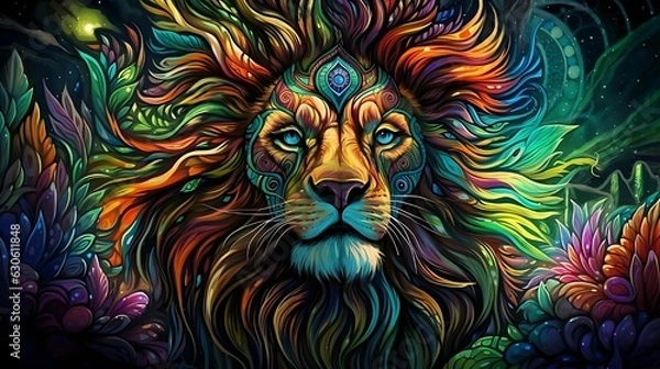 Fototapeta Portrait colorful lion head illustration psychedelic painting style with black background. 8k resolution