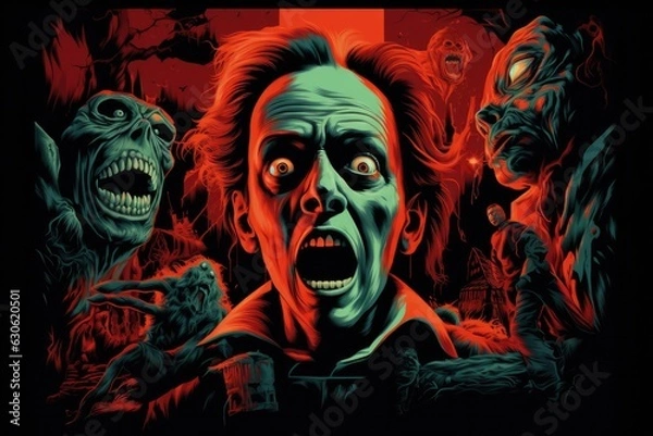 Fototapeta Classic horror movie faces and covers, with viewers enjoying spooky films and cult classics to set the Halloween mood - Generative AI