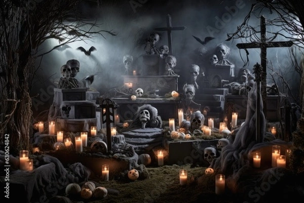 Fototapeta Spooky graveyard display with tombstones, cobwebs, and eerie lighting, adding a spooky touch to the Halloween decor - Generative AI