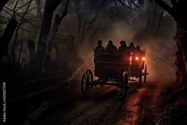 Fototapeta Haunted hayride through a dark and mysterious forest, featuring scary encounters and bone-chilling tales - Generative AI