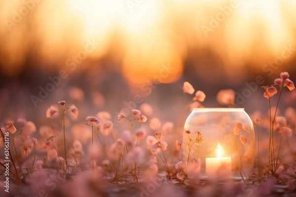 Fototapeta Wildflowers field / nature landscape, abstract defocused blur background view summer flowers with lit candle in a glass