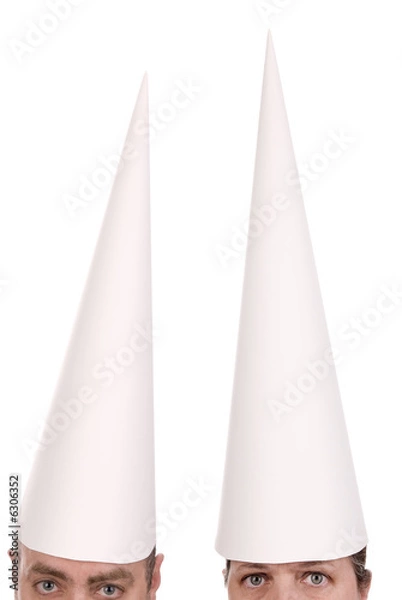 Obraz Man and woman in dunce caps over a white background