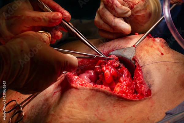 Obraz Surgical operation, closeup on operating field and hands of surgeons