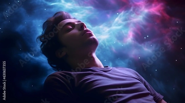 Fototapeta Guy practicing astral projection or lucid dreaming