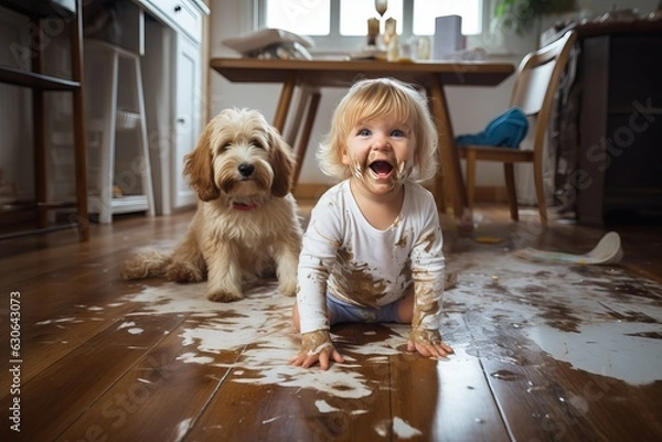 Fototapeta a playful hyperactive cute blond toddler child and a dog misbehaving and making a huge mess in a living-room, throwing around things and shredding paper. Studio light. Generative AI technology