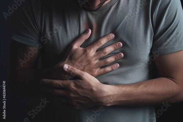 Obraz A man with heart pain in his chest, keeps his hands on his chest.