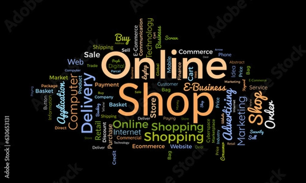 Fototapeta Word cloud background concept for Online shop. Growth your retail or e-commerce business with digital online marketing system. vector illustration.