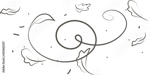 Obraz Outline drawing of a breath of wind with flying autumn leaves.Wind blow set in line style.Wave flowing illustration with hand drawn doodle cartoon style.
